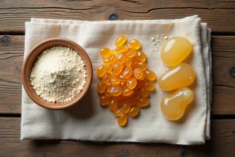 Trois formes de louban présentées côte à côte : poudre, grains et gomme en larmes sur un tissu de lin naturel