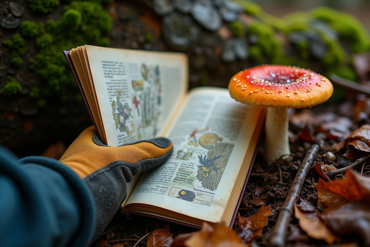Main gantée tenant un guide près d’un crêtedecoq forestier
