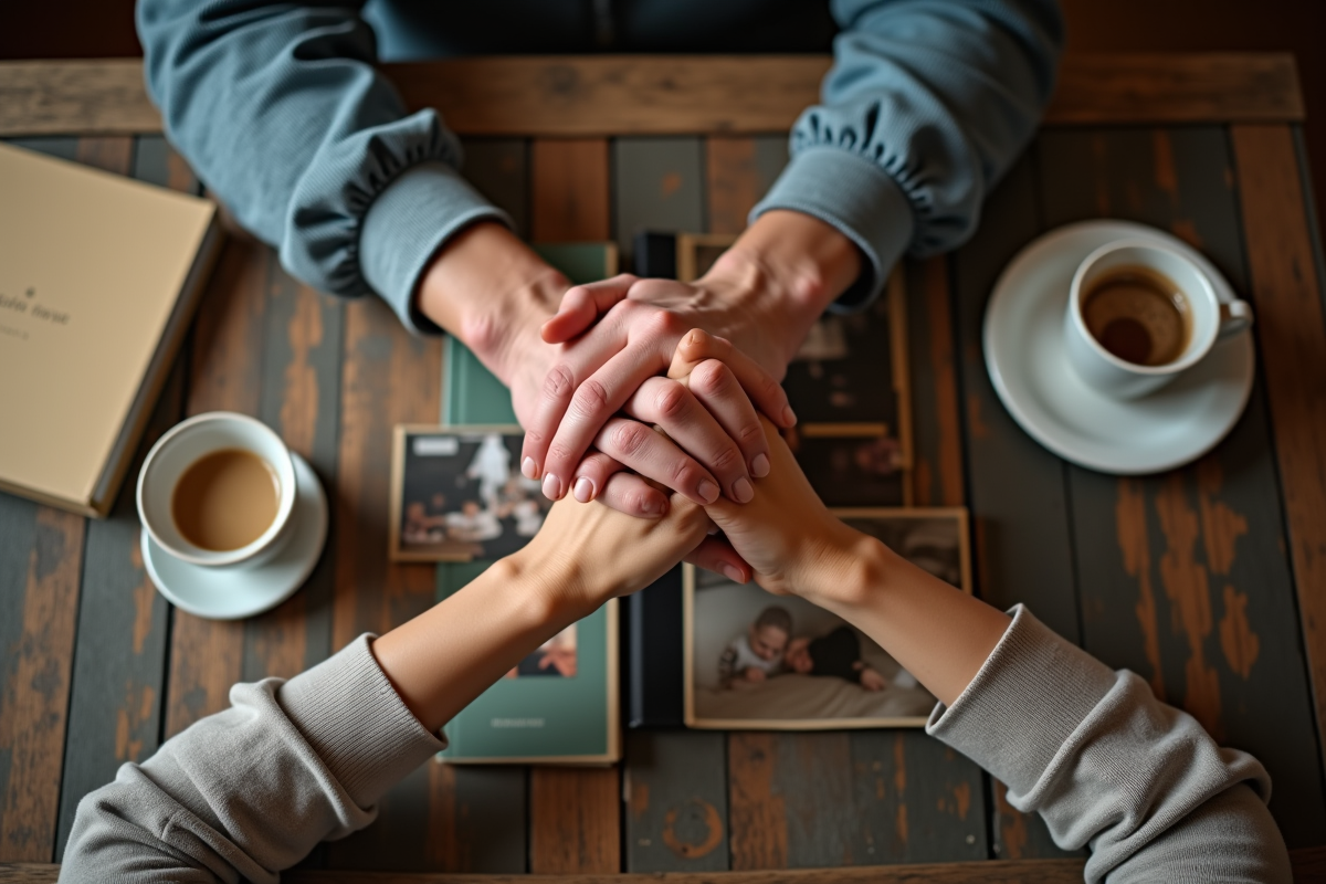 Mains croisées sur une table de cuisine avec tasses et albums