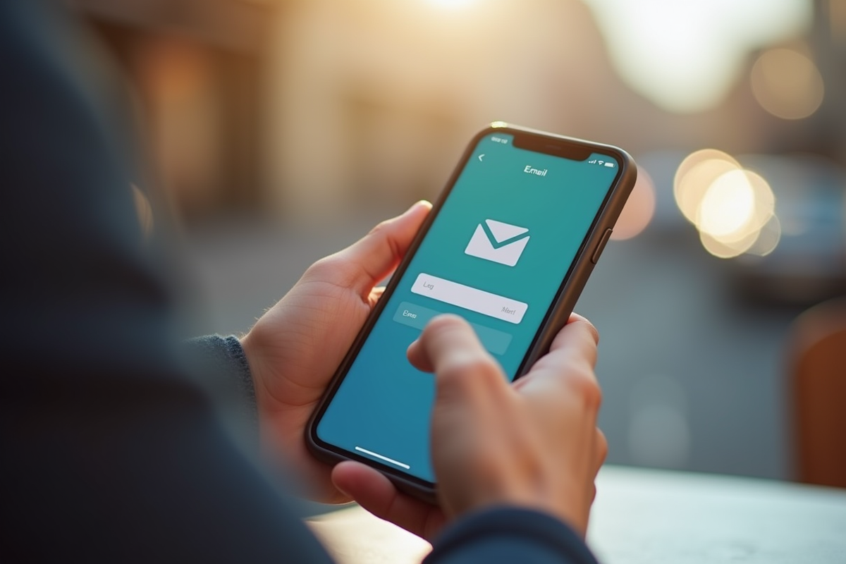 Mains tapant sur un smartphone avec vue floue sur Nancy en extérieur