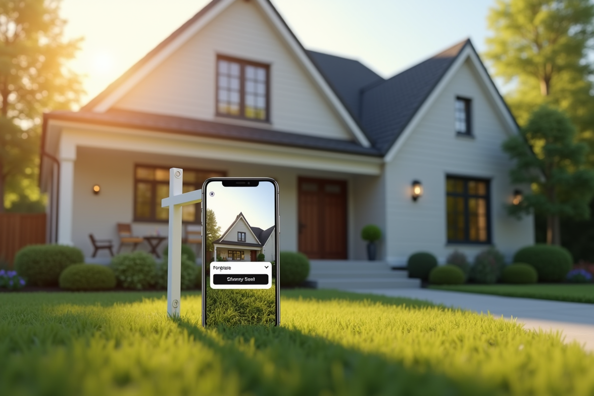 Maison moderne avec panneau vente et smartphone affichant estimation immobiliere