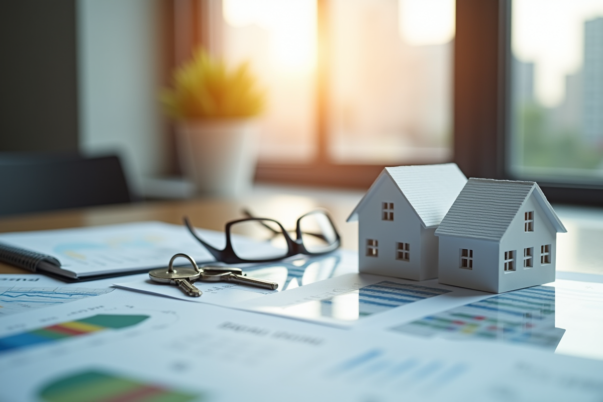 Modèles de maisons avec graphiques financiers et clés sur un bureau lumineux