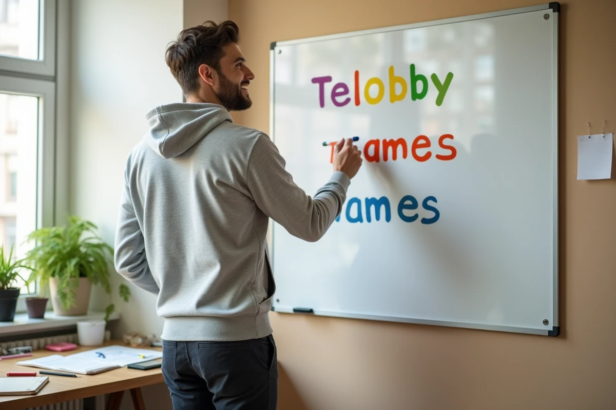Homme écrivant les noms des Télétubbies sur un tableau blanc pour mémoriser facilement