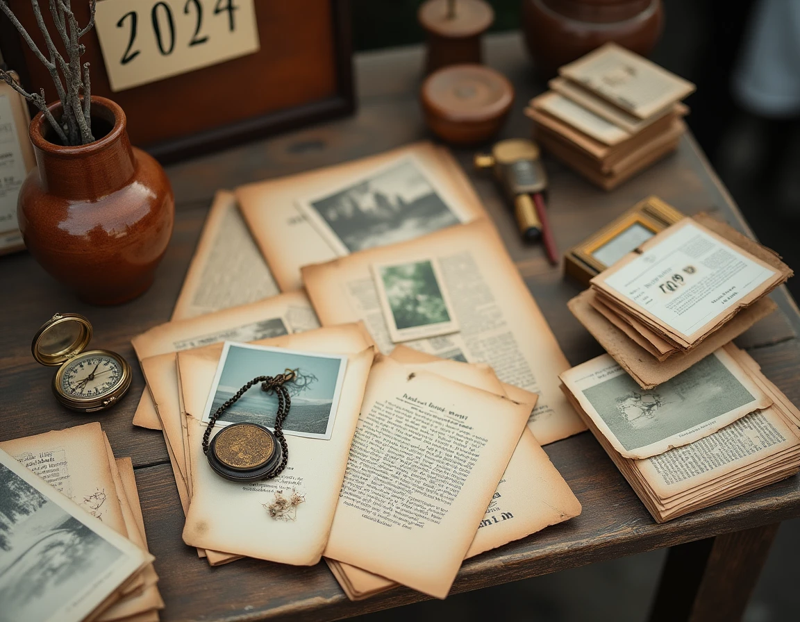 Vue rapprochée d'une table de brocante couverte d'objets anciens, cartes postales et montres de collection, typique des marchés de Meurthe-et-Moselle