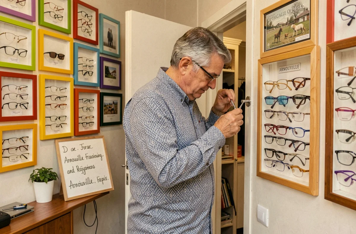 Opticien Optic Delandre à Arnouville ajustant des lunettes avec des outils de précision dans une boutique de quartier chaleureuse