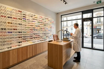 Intérieur d'une boutique d'opticien dans le Val-d'Oise avec présentoirs de lunettes et optométriste consultant un client