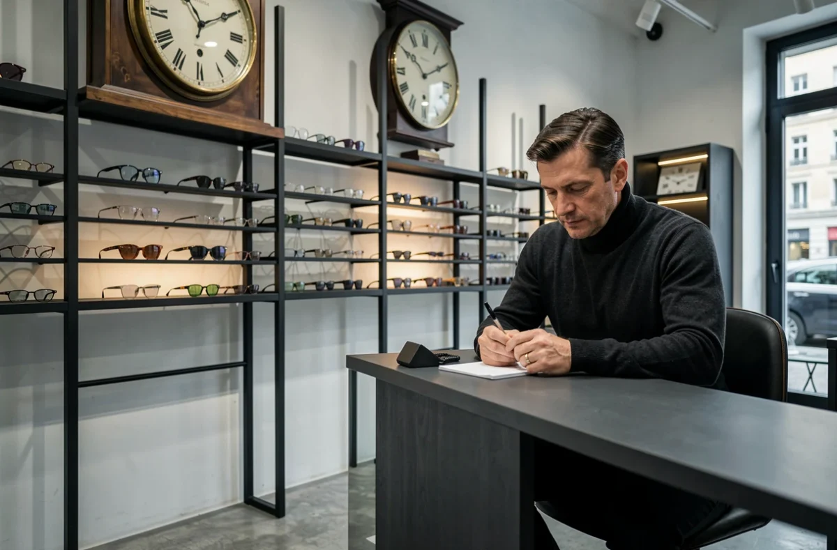Opticien OPTIQUE DE L'HORLOGE dans l'agglomération de Cergy-Pontoise avec une grande horloge décorative et des présentoirs de lunettes modernes