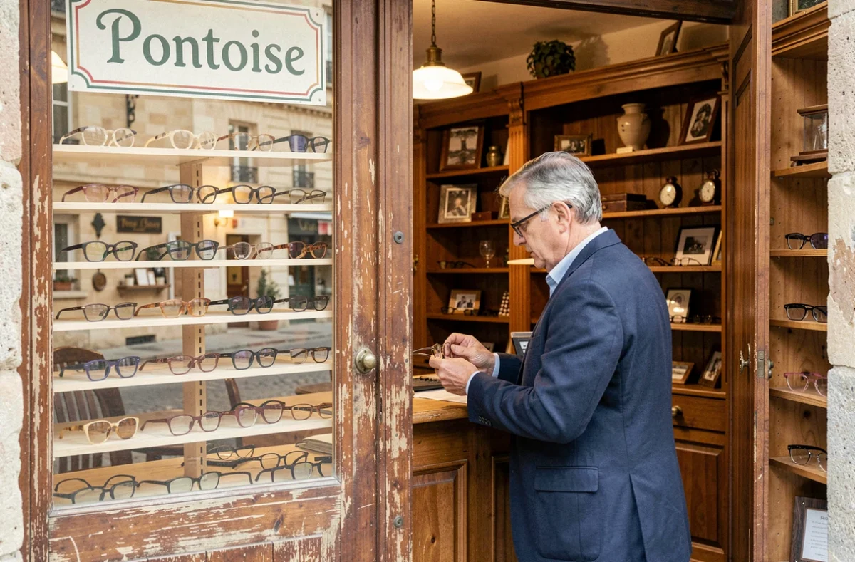 Boutique indépendante Optique du Pothuis à Pontoise avec optician en blazer marine présentant des montures artisanales