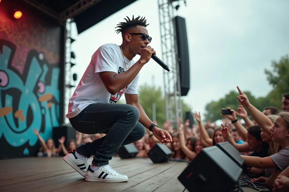Oskoow en concert sur scène lors d'un festival de musique urbain en France, micro en main face au public