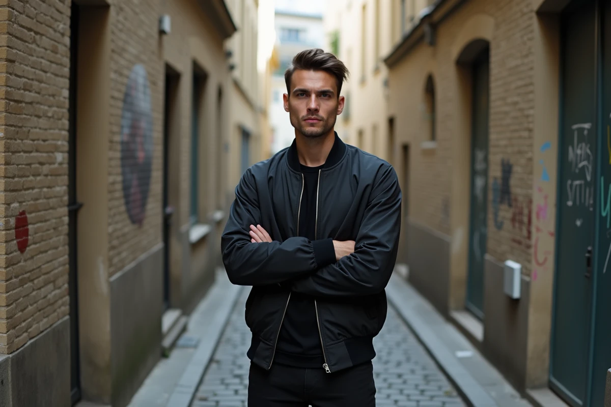 Portrait d'Oskoow dans une ruelle parisienne en veste bomber noire, ambiance urbaine authentique pour une biographie musicale