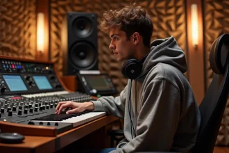 Jeune rappeur français Oskoow en studio d'enregistrement, assis devant une console de mixage avec un casque audio autour du cou
