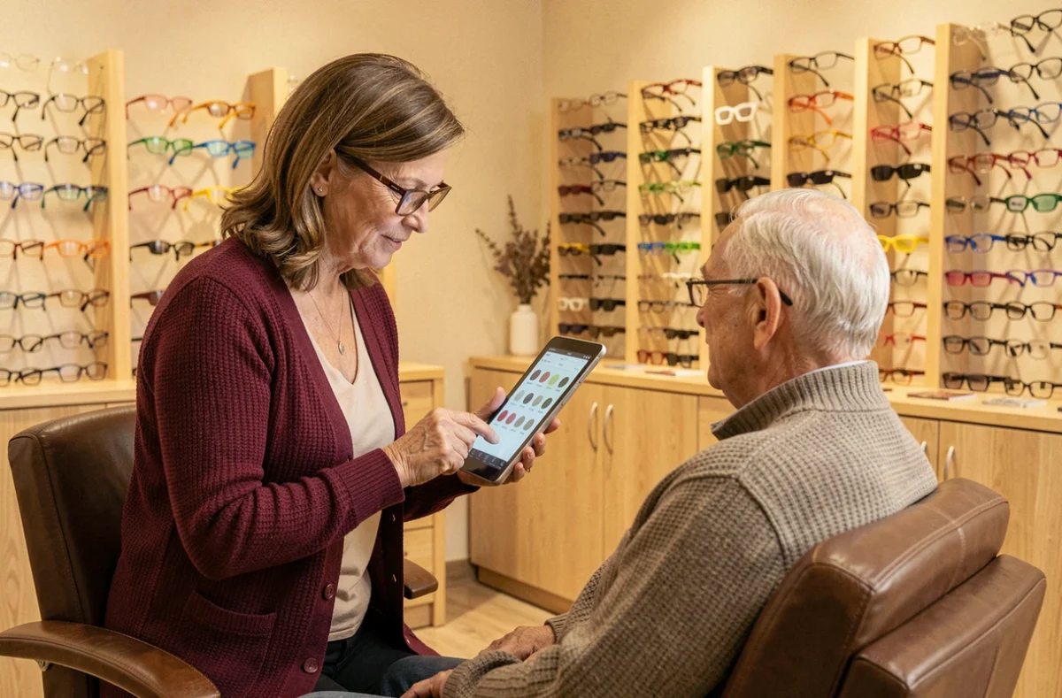 Opticienne d'Osny Optique en gilet bordeaux conseillant un client senior avec une tablette numérique dans une boutique chaleureuse
