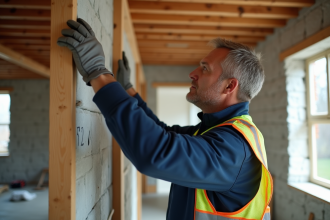 Ouvrier en tenue de chantier posant l'isolation intérieure