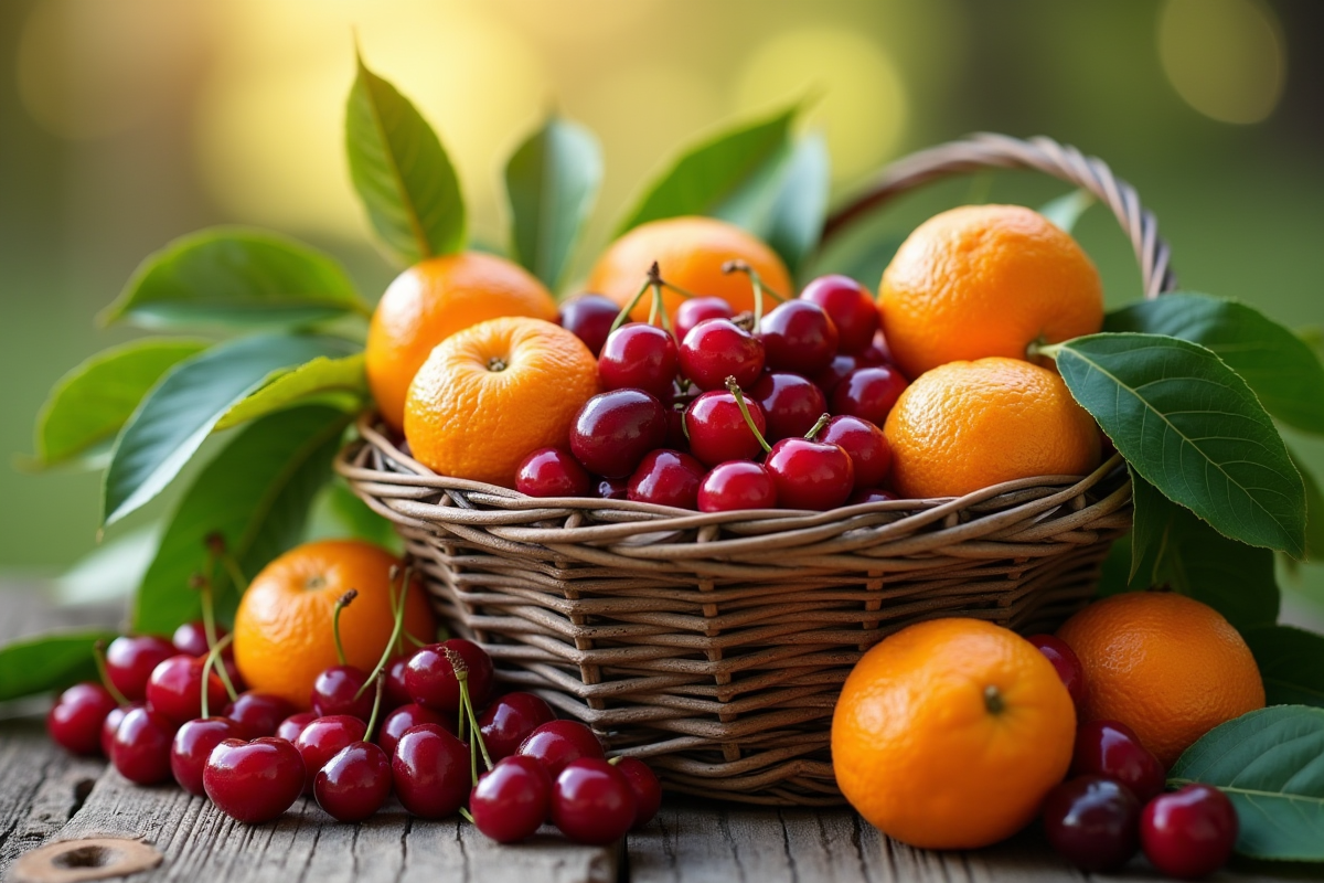 Panier de cerises et clémentines en extérieur