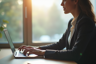 Personne utilisant un ordinateur portable pour vérifier ses emails dans un espace lumineux