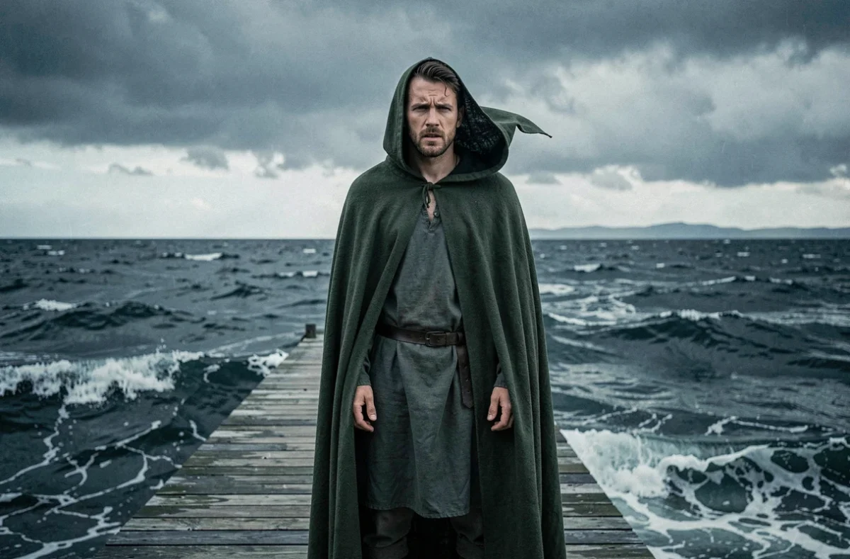 Homme en cape sur un quai face à une mer déchaînée, symbole du courage des personnages masculins Disney