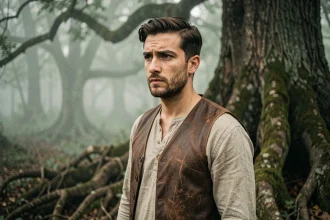 Personnage masculin courageux au bord d'une forêt brumeuse, évoquant les héros Disney face à leurs peurs
