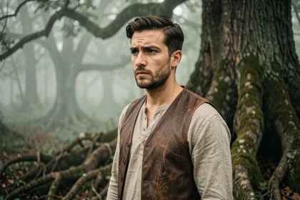 Personnage masculin courageux au bord d'une forêt brumeuse, évoquant les héros Disney face à leurs peurs