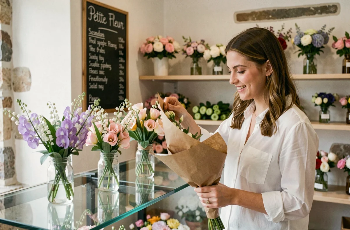Intérieur de la boutique Petite Fleur à Besançon avec de petits bouquets délicats et une fleuriste souriante
