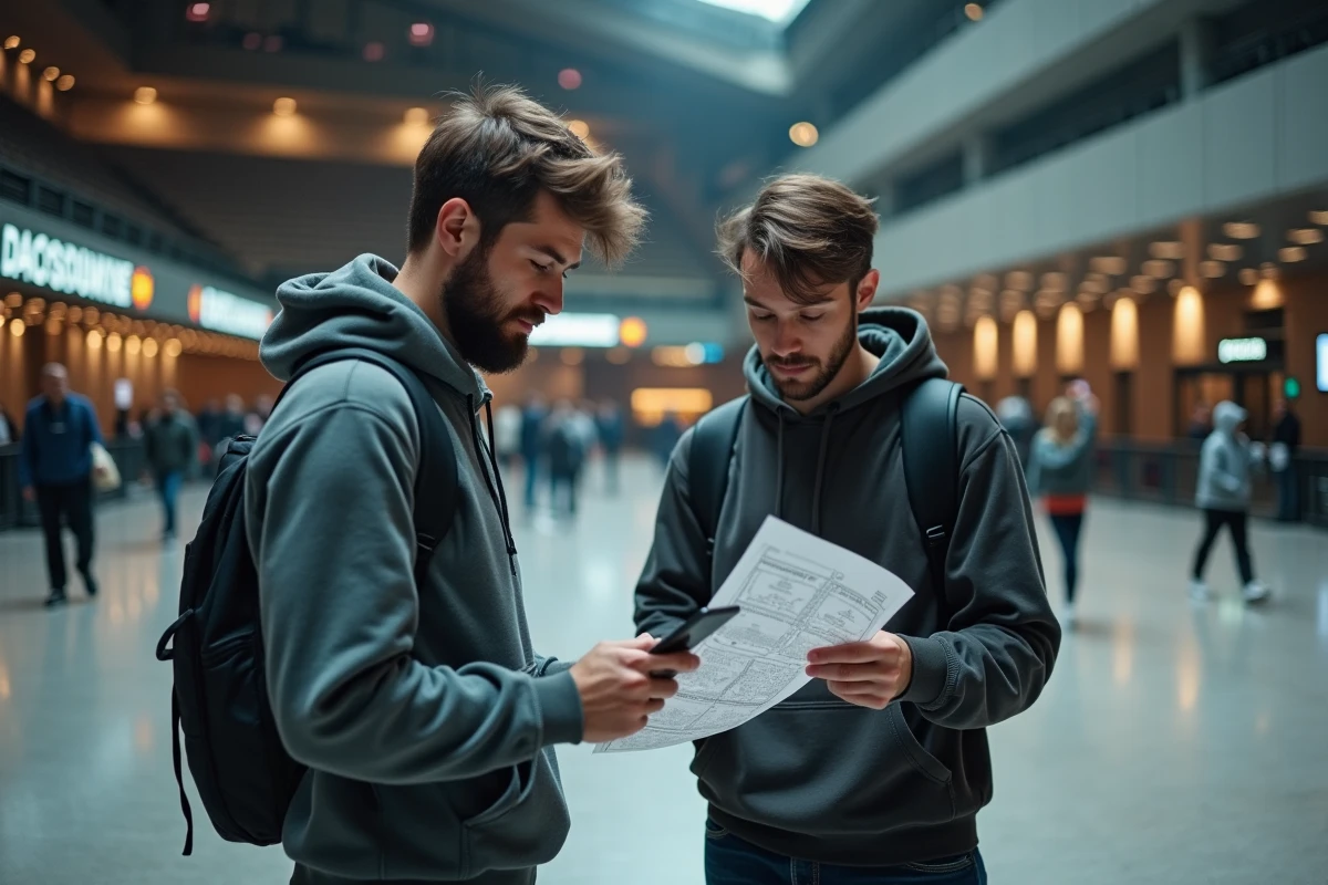 Deux spectateurs consultant le plan de salle de Bercy sur smartphone avant un concert en fosse ou en tribune