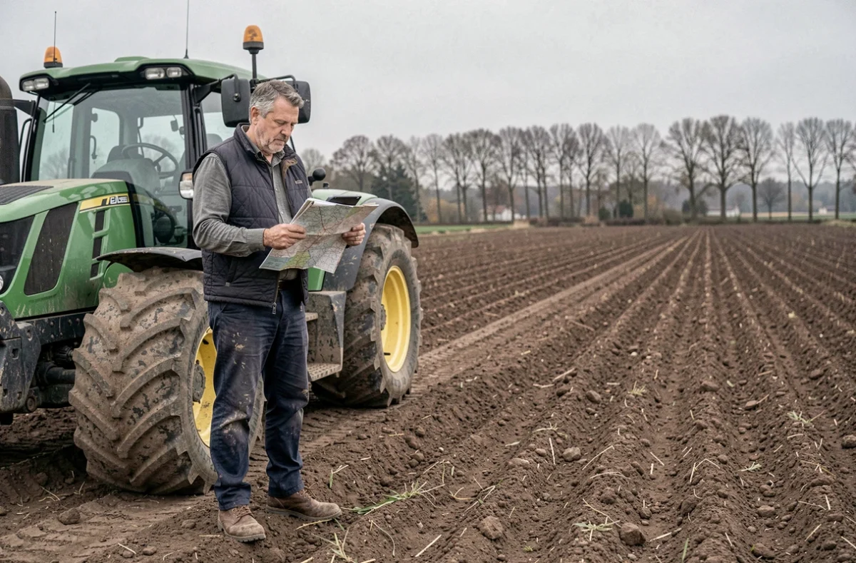 Agriculteur français planifiant ses missions de labour avec une tablette et une carte près de son tracteur, gestion de carrière agricole dans Simagri