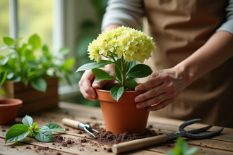 Main plantant une hydrangea dans un pot en terre cuite