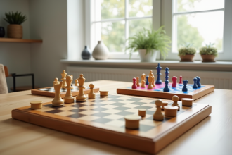 Trois plateaux de checkers modernes sur une table en bois clair