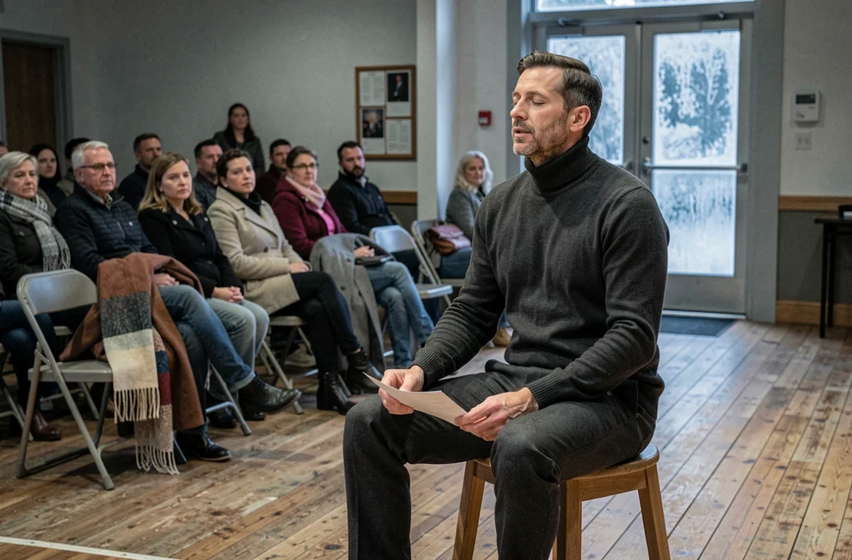 Poète masculin en récital d'hiver dans un centre culturel communautaire devant un public en tenue hivernale
