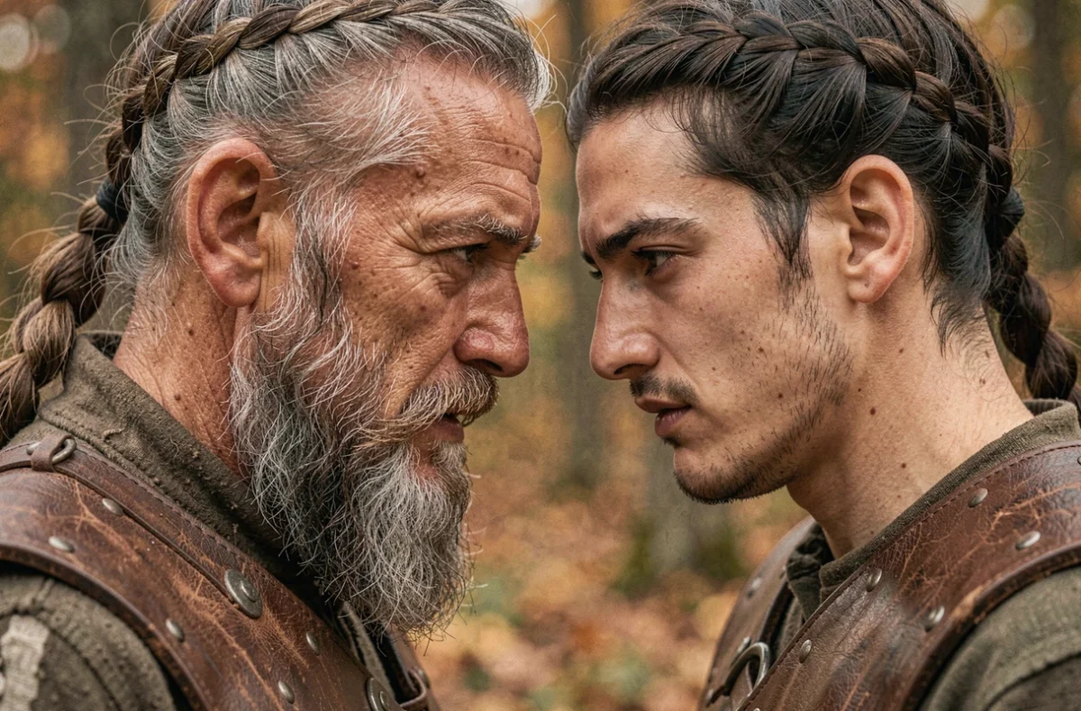 Portrait rapproché de deux vikings face à face dans une forêt automnale, symbolisant la tension et le respect mutuel entre Ragnar Lothbrok et son fils Bjorn Ironside