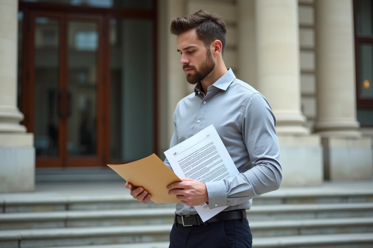 Homme tenant un contrat de premier emploi devant un bâtiment administratif public, illustrant le recrutement dans la fonction publique catégorie C en 2026