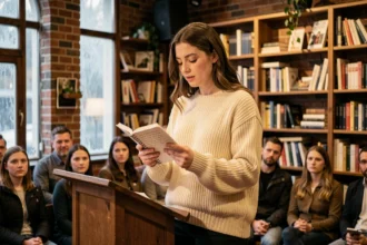 Jeune femme récitant un poème lors d'un premier récital de poésie d'hiver dans une librairie-café intimiste