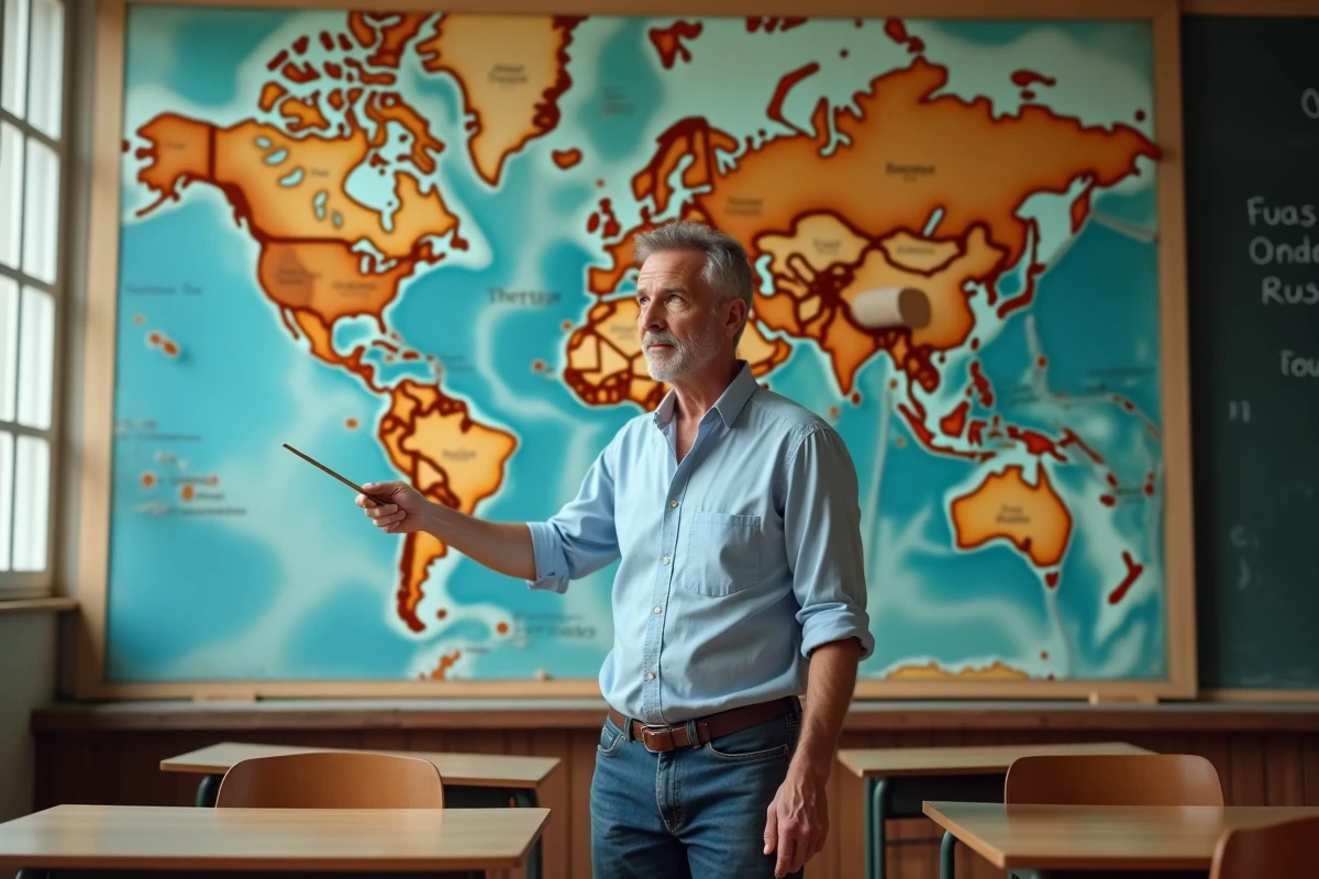 Professeur de géographie montrant la Russie sur une carte murale dans une salle de classe