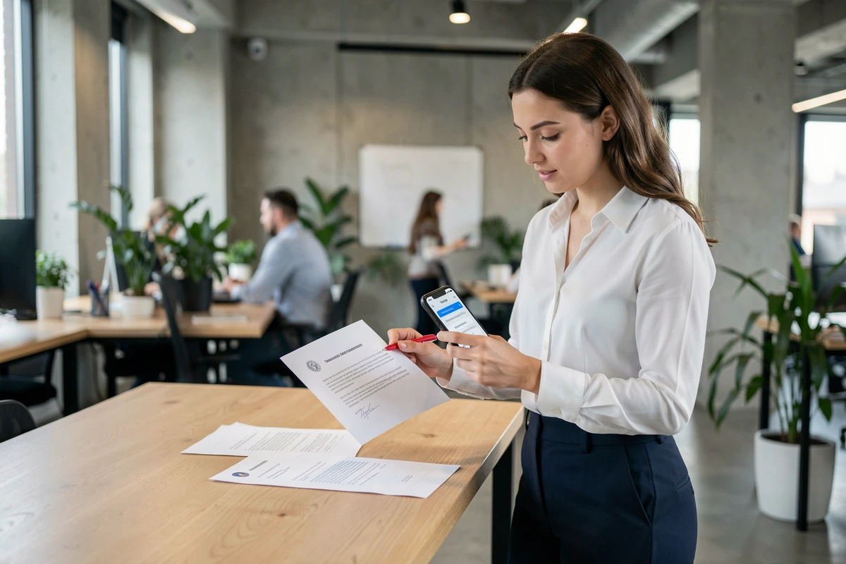Professionnelle relisant une lettre de résiliation dans un bureau moderne avec smartphone et documents imprimés