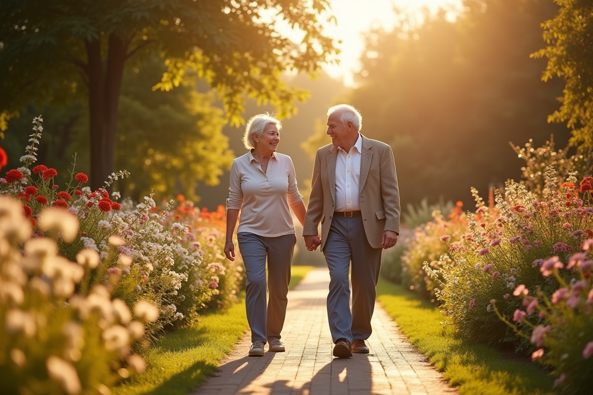 Couple de seniors marchant dans un jardin fleuri