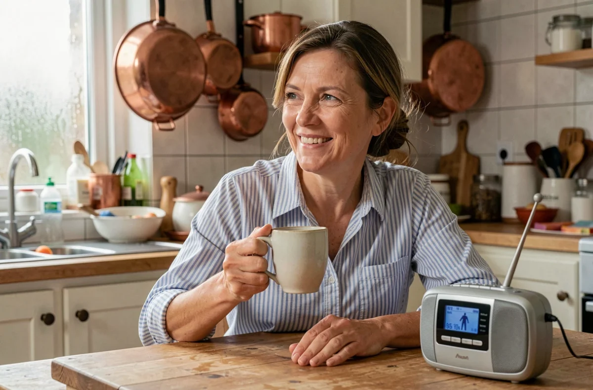 Femme souriante écoutant Les Grosses Têtes à la radio en direct le matin dans une cuisine authentique