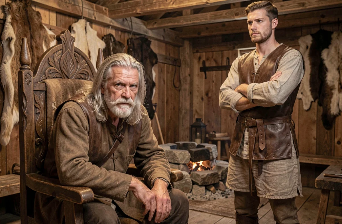 Scène intérieure d'un longhall viking montrant un chef âgé assis sur son trône face à son jeune fils guerrier, évoquant la dynamique entre Ragnar Lothbrok et Bjorn Ironside