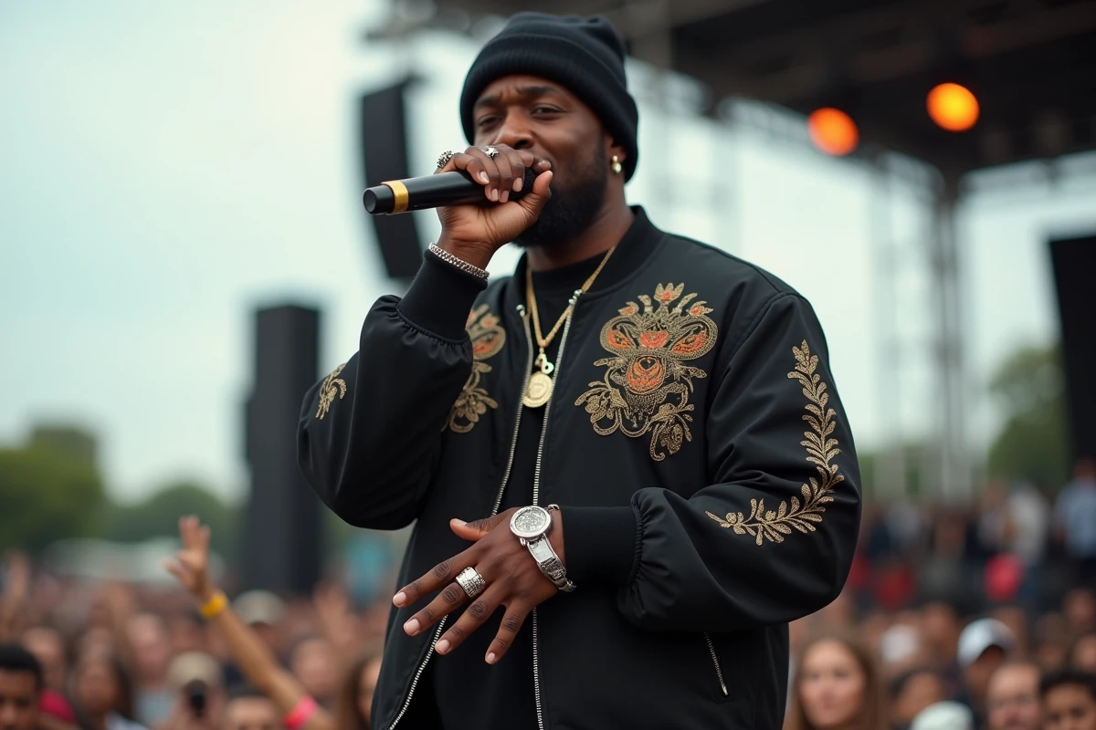 Rappeur américain en pleine performance sur scène lors d'un festival hip-hop en plein air