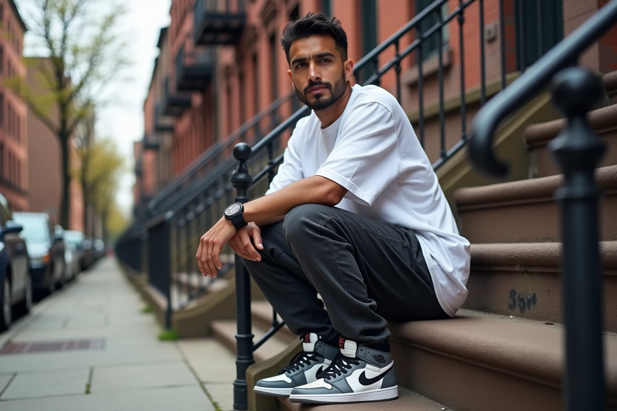 Rappeur américain assis sur un perron urbain dans un quartier new-yorkais avec une esthétique street authentique