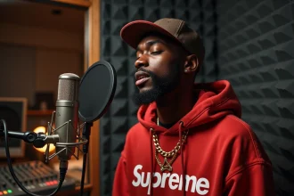 Rappeur américain en studio d'enregistrement livrant un couplet avec intensité devant un micro professionnel