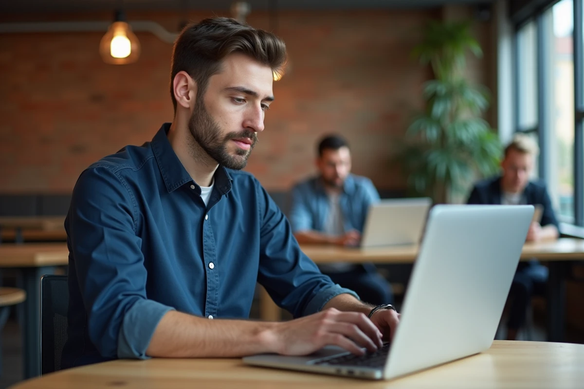 Rédacteur freelance sur une plateforme de contenu dans un espace de coworking moderne