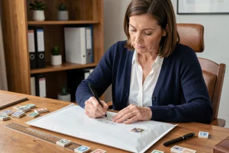 Femme écrivant une adresse postale à la main sur une enveloppe rembourrée posée sur un bureau en bois