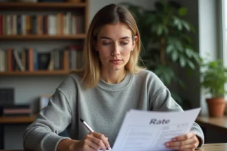 Rédactrice indépendante fixant ses tarifs à son bureau avec une grille de prix imprimée