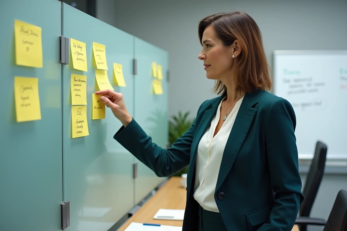 Rédactrice en chef définissant une stratégie de tarification éditoriale sur un tableau de post-it