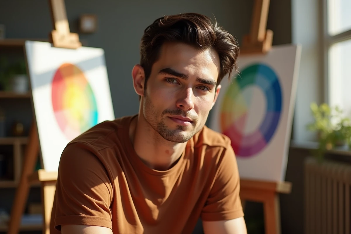 Modèle masculin aux cheveux et à la peau bruns servant de référence pour peindre des tons réalistes