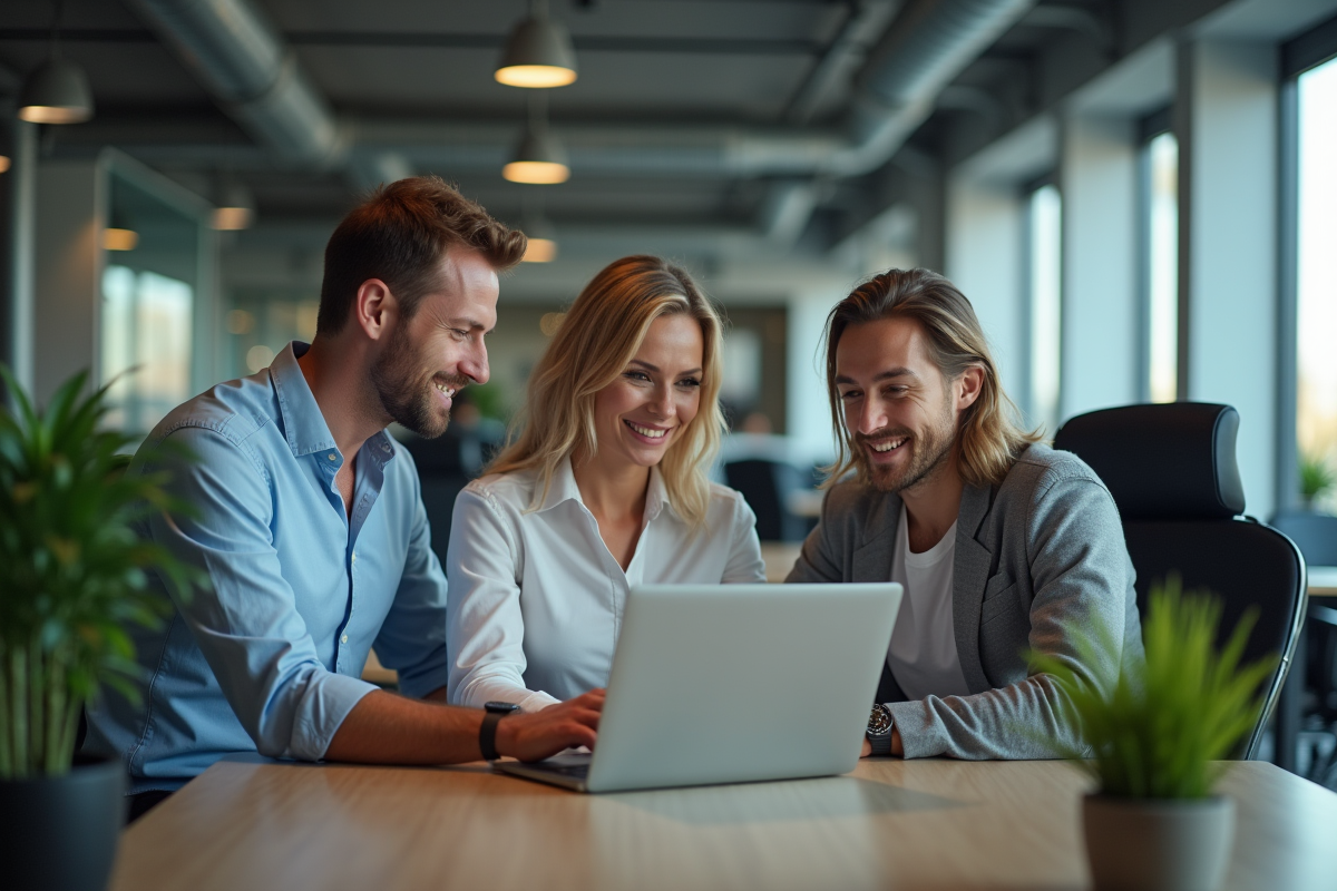 Trois collègues discutant autour d un bureau moderne en open space