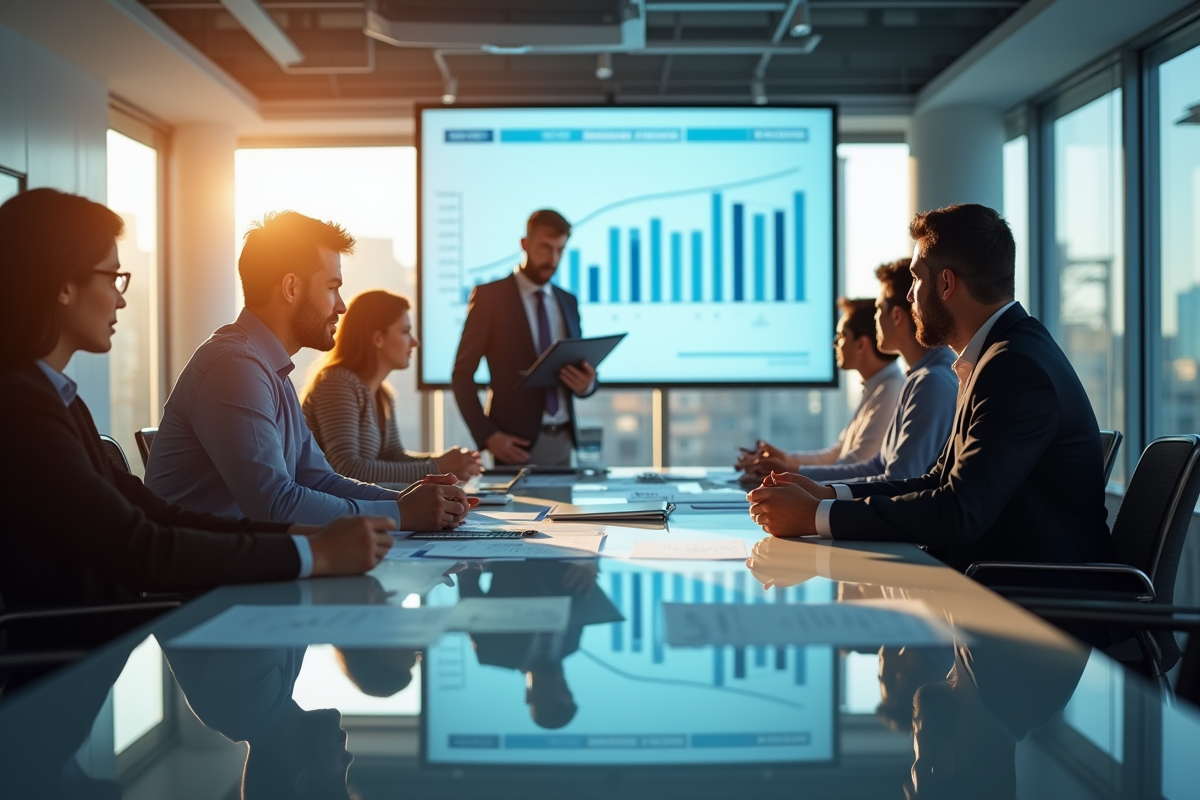Réunion de dirigeants avec graphiques de performance industrielle
