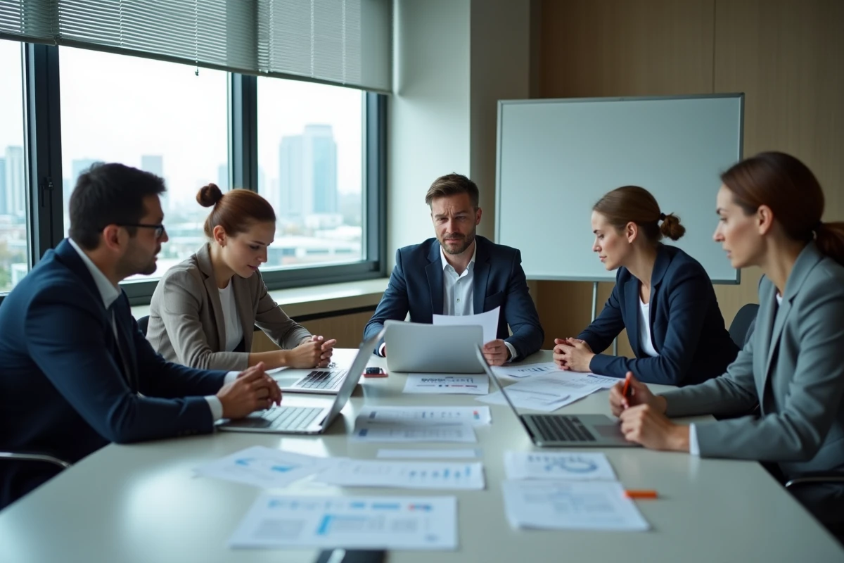 Réunion d'équipe en entreprise pour gérer l'impact humain d'un plan de licenciement économique