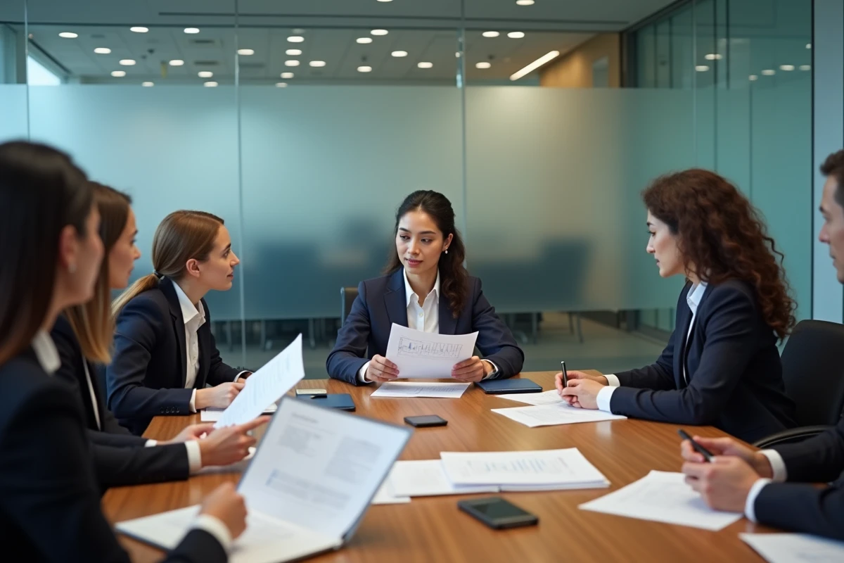 Groupe de professionnels discutant de rapports financiers en réunion