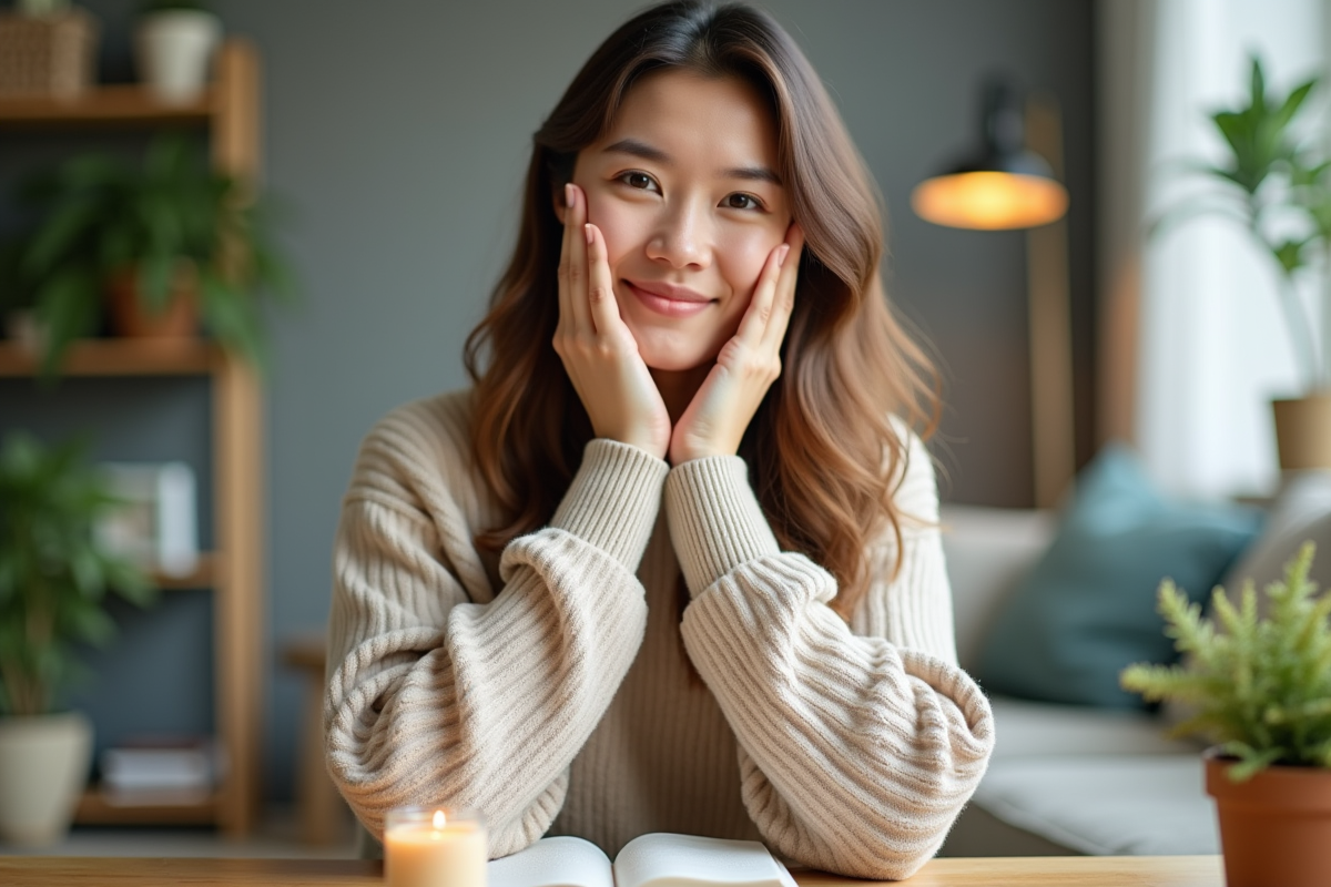 Femme souriante appliquant sa crème visage dans un intérieur lumineux