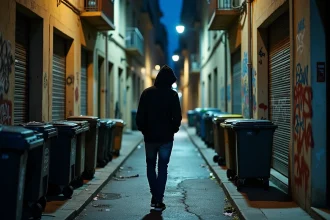 Ruelle sombre et déserte de Marseille la nuit, quartier défavorisé avec graffitis et déchets, atmosphère d'insécurité urbaine